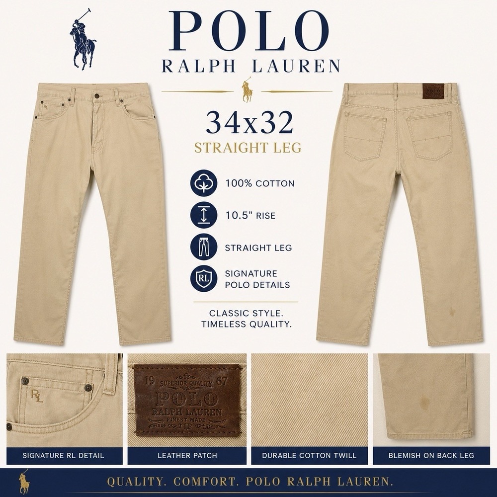 Polo Ralph Lauren Mens 34x32 Khaki Tan Cotton Twill 5-Pocket Straight Leg Pants
